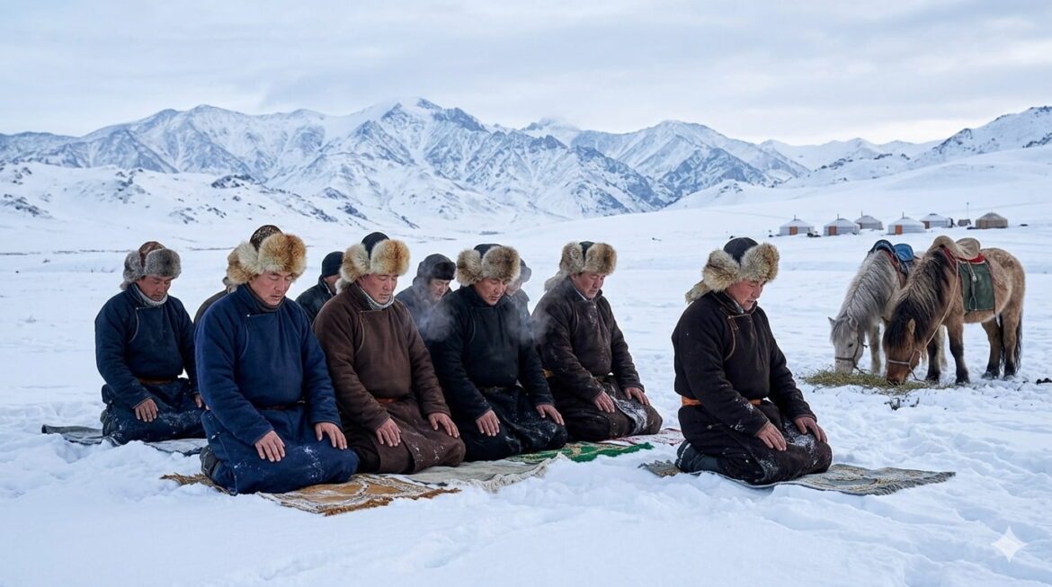 Warga Muslim Mongolia Jalani Shalat di Tengah Tumpukan Salju