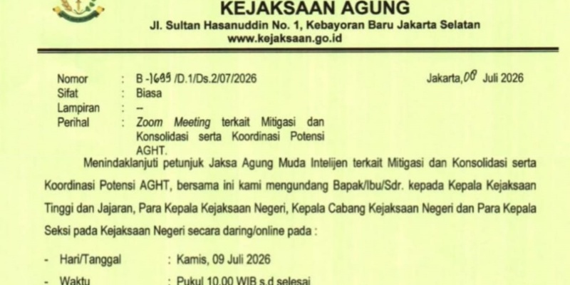 Beredar Surat Diduga dari Kejagung untuk Konsolidasi Usai Kasus Penggeledahan Cafe