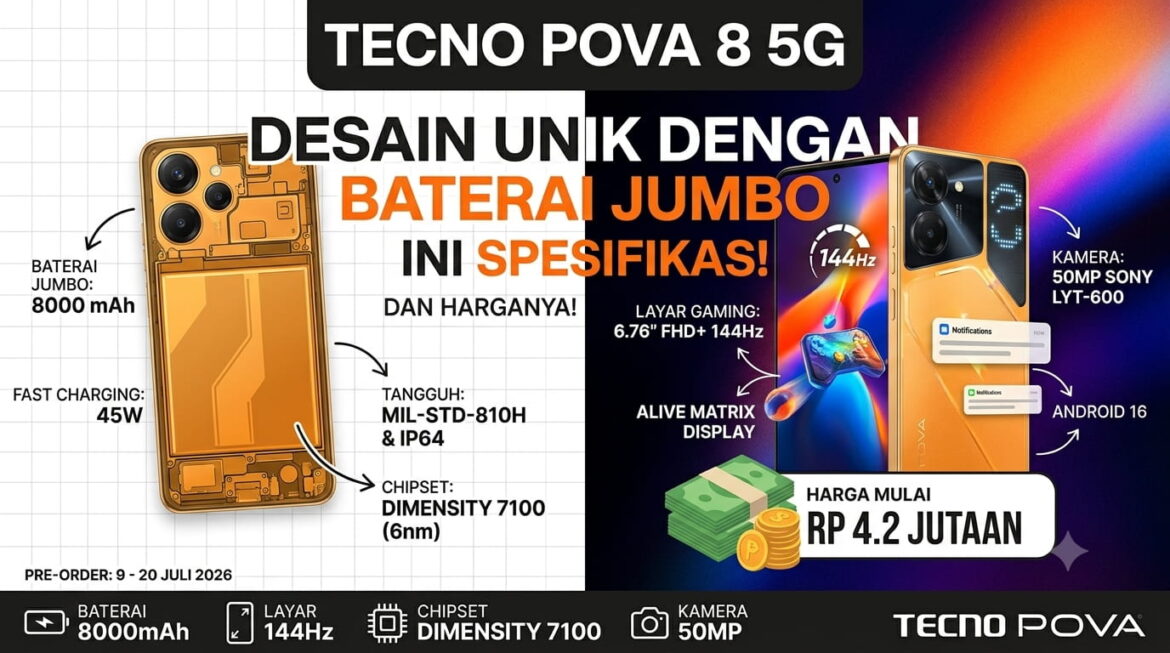 Tecno Pova 8 5G: Desain Unik dengan Baterai Jumbo, Ini Spesifikasi dan Harganya!